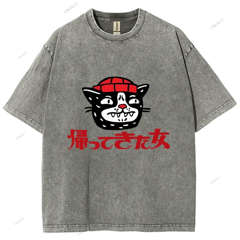 Unisex Japanese Cat Graffiti Printed Washed Tee