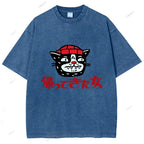 Unisex Japanese Cat Graffiti Printed Washed Tee