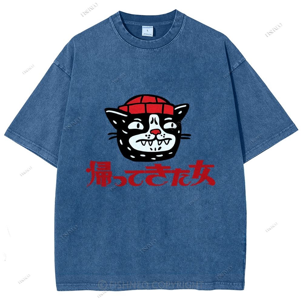 Unisex Japanese Cat Graffiti Printed Washed Tee