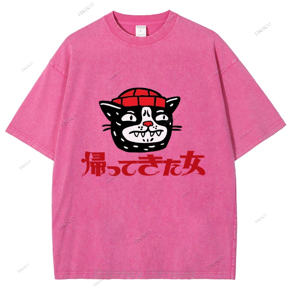 Unisex Japanese Cat Graffiti Printed Washed Tee