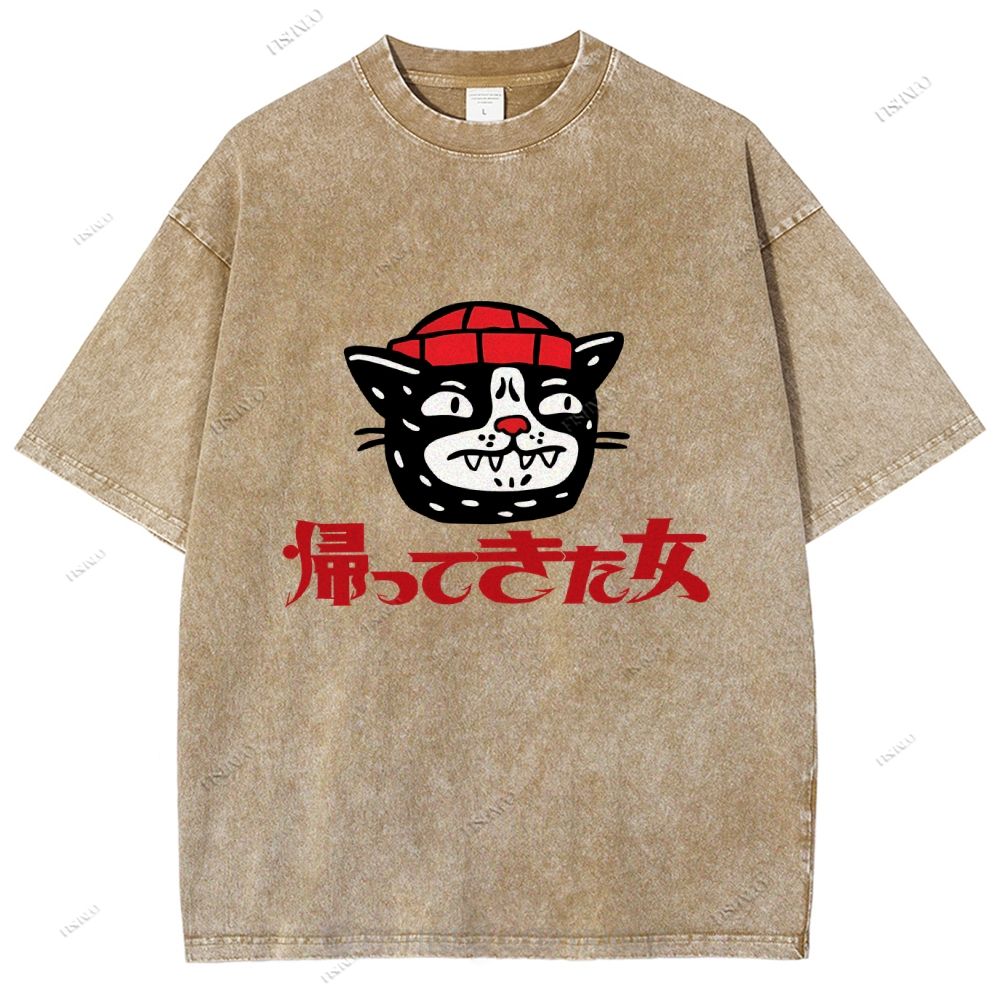 Unisex Japanese Cat Graffiti Printed Washed Tee