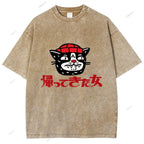 Unisex Japanese Cat Graffiti Printed Washed Tee