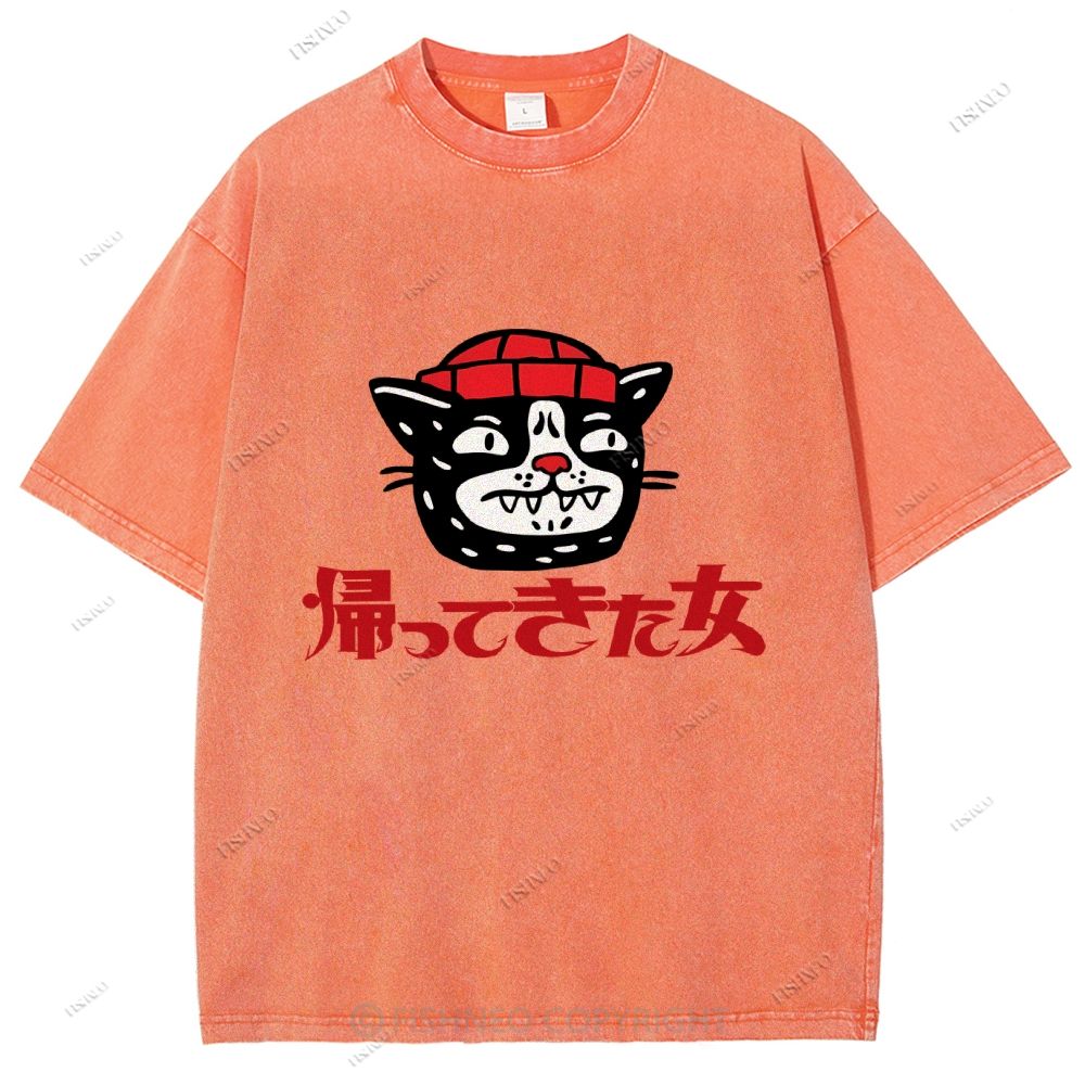 Unisex Japanese Cat Graffiti Printed Washed Tee