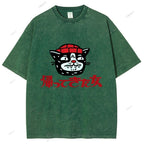 Unisex Japanese Cat Graffiti Printed Washed Tee