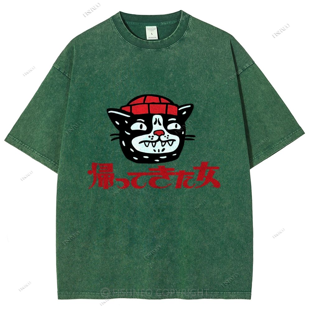 Unisex Japanese Cat Graffiti Printed Washed Tee