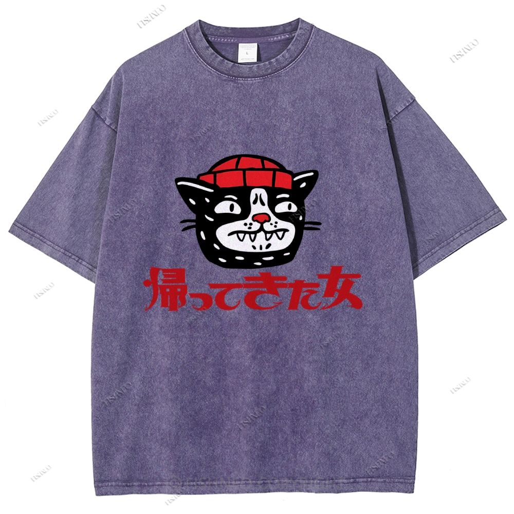 Unisex Japanese Cat Graffiti Printed Washed Tee