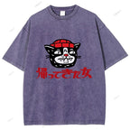 Unisex Japanese Cat Graffiti Printed Washed Tee