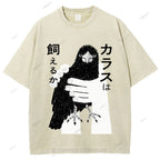 Unisex Japanese Bird Graffiti Printed Washed Tee