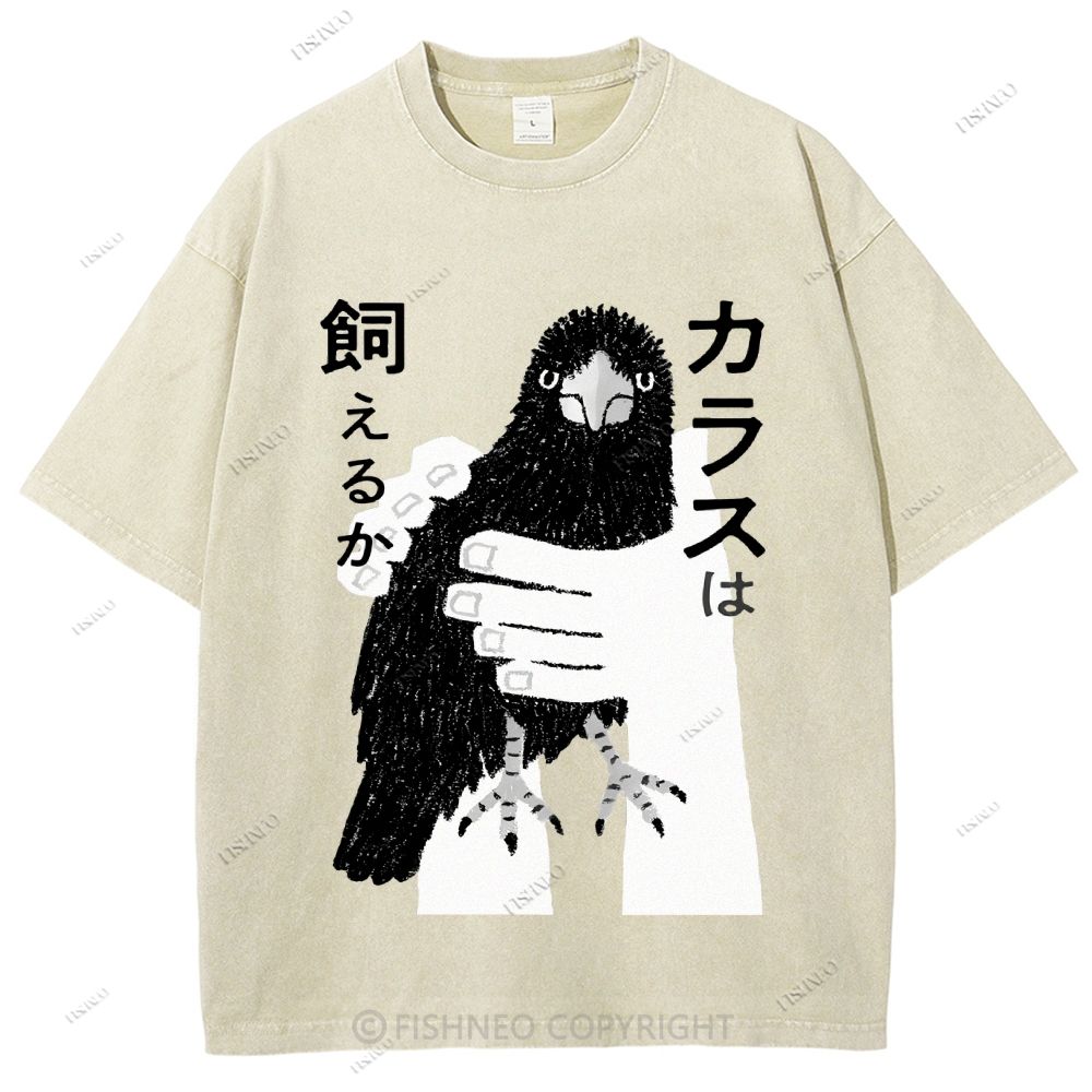 Unisex Japanese Bird Graffiti Printed Washed Tee