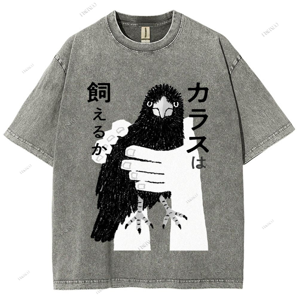 Unisex Japanese Bird Graffiti Printed Washed Tee