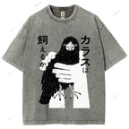Unisex Japanese Bird Graffiti Printed Washed Tee
