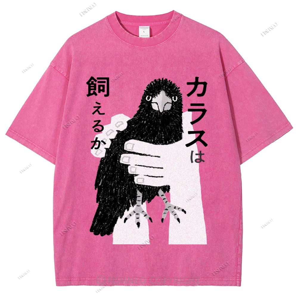 Unisex Japanese Bird Graffiti Printed Washed Tee