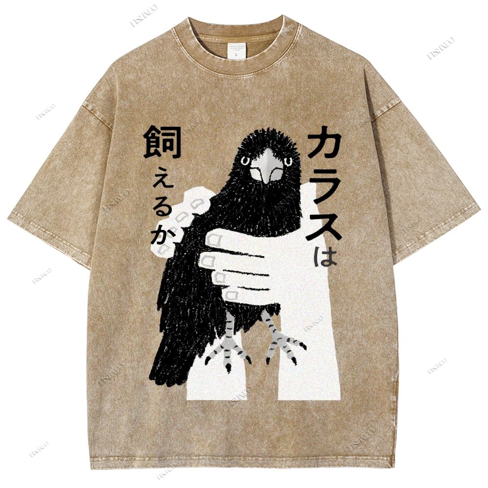 Unisex Japanese Bird Graffiti Printed Washed Tee