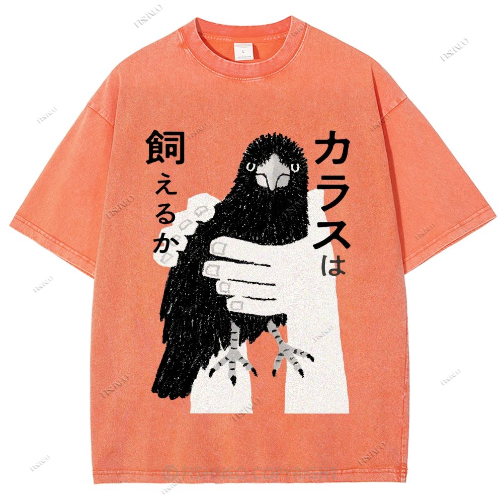 Unisex Japanese Bird Graffiti Printed Washed Tee