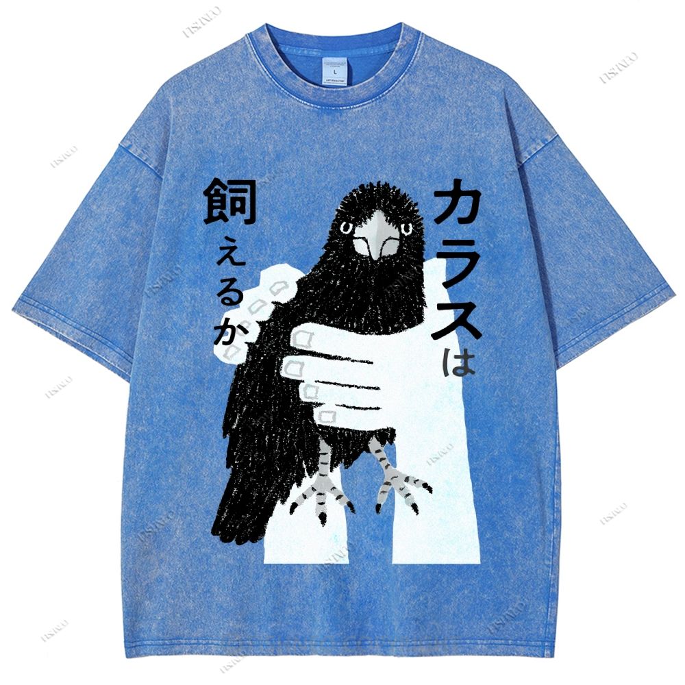 Unisex Japanese Bird Graffiti Printed Washed Tee