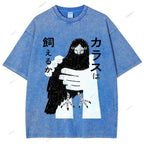 Unisex Japanese Bird Graffiti Printed Washed Tee