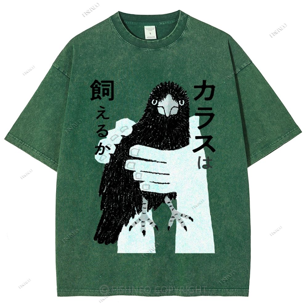 Unisex Japanese Bird Graffiti Printed Washed Tee
