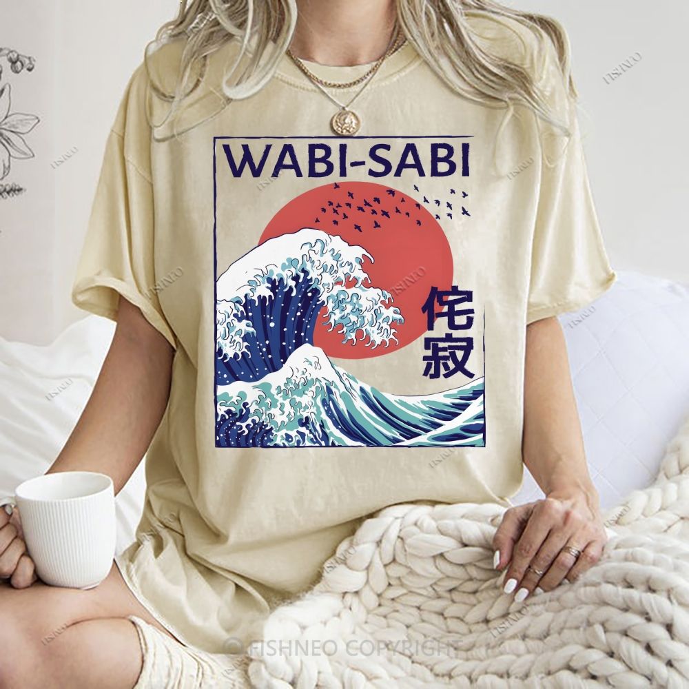 Unisex Ocean Wave Japanese Kanji Printed Washed Tee