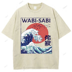 Unisex Ocean Wave Japanese Kanji Printed Washed Tee