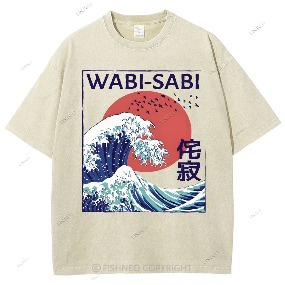 Unisex Ocean Wave Japanese Kanji Printed Washed Tee