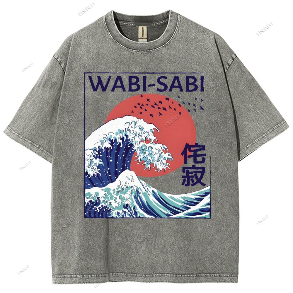 Unisex Ocean Wave Japanese Kanji Printed Washed Tee