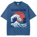Unisex Ocean Wave Japanese Kanji Printed Washed Tee