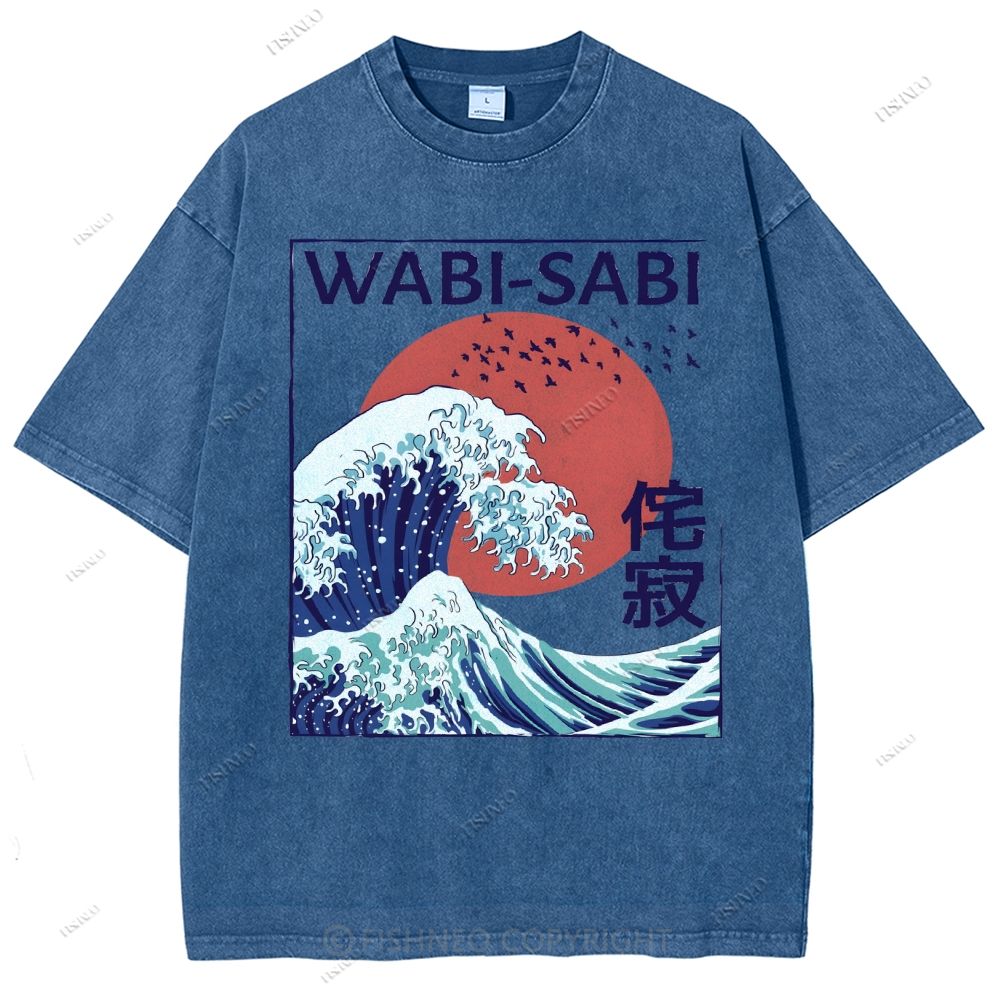 Unisex Ocean Wave Japanese Kanji Printed Washed Tee