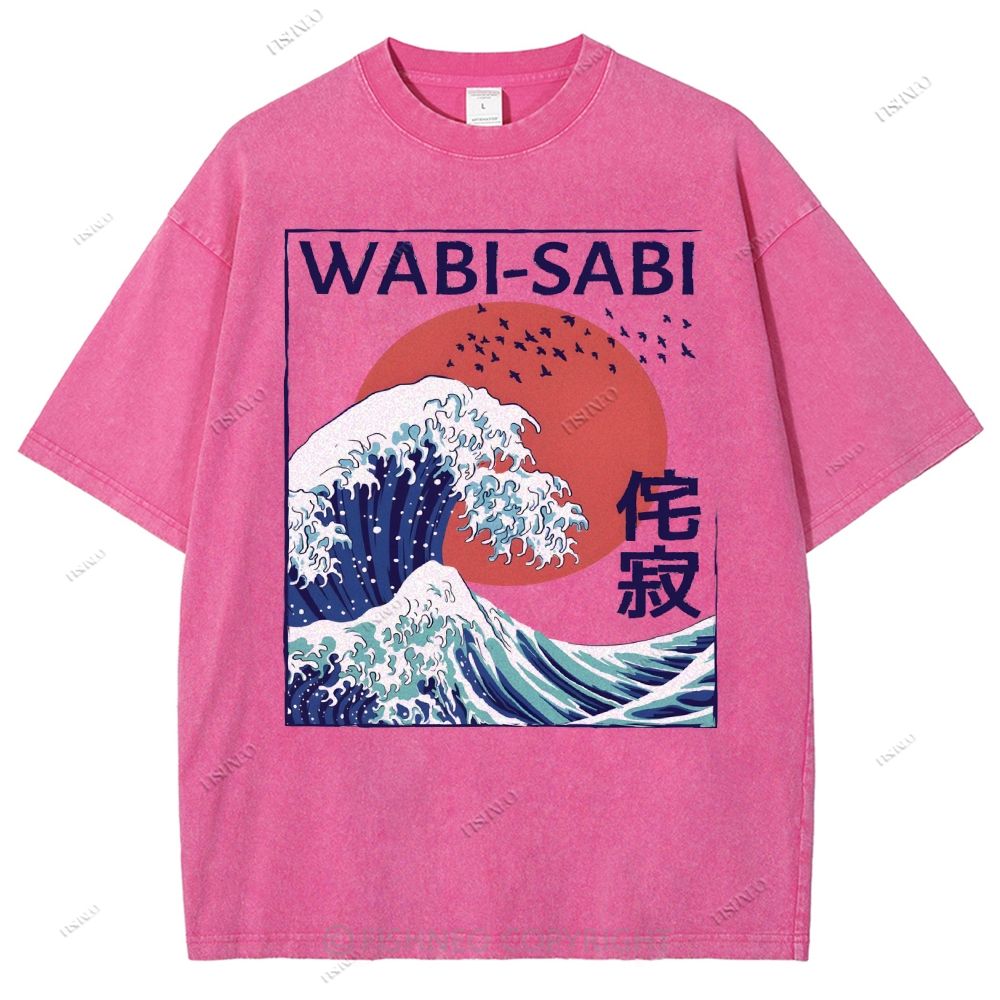 Unisex Ocean Wave Japanese Kanji Printed Washed Tee