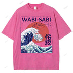 Unisex Ocean Wave Japanese Kanji Printed Washed Tee