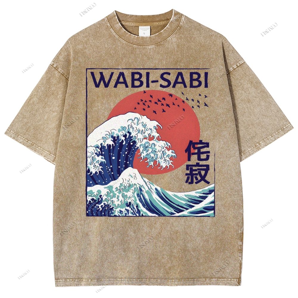 Unisex Ocean Wave Japanese Kanji Printed Washed Tee