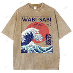 Unisex Ocean Wave Japanese Kanji Printed Washed Tee