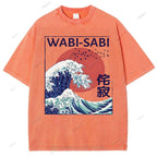Unisex Ocean Wave Japanese Kanji Printed Washed Tee