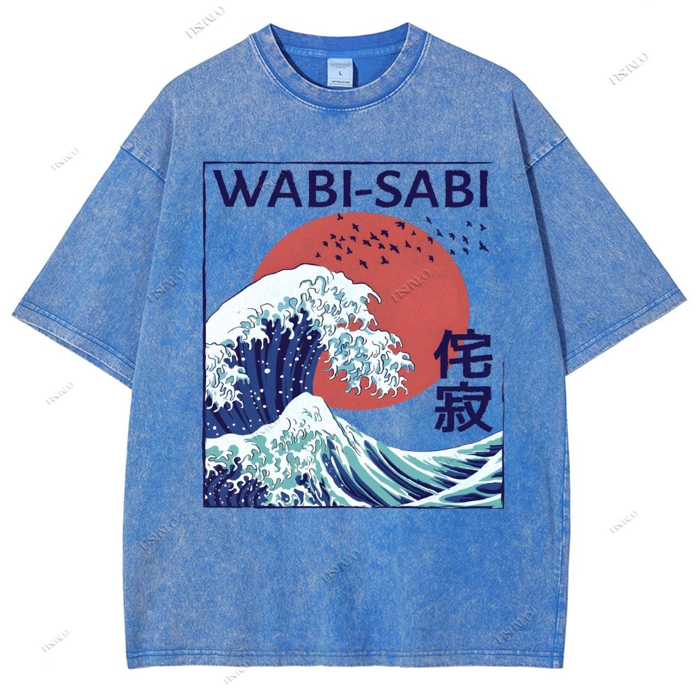 Unisex Ocean Wave Japanese Kanji Printed Washed Tee