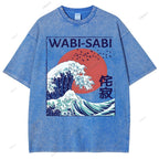 Unisex Ocean Wave Japanese Kanji Printed Washed Tee