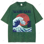 Unisex Ocean Wave Japanese Kanji Printed Washed Tee