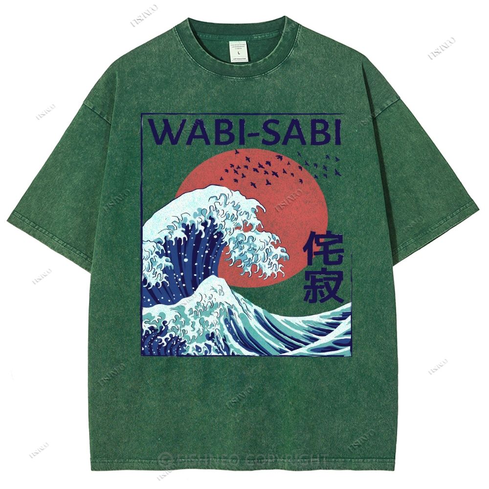 Unisex Ocean Wave Japanese Kanji Printed Washed Tee