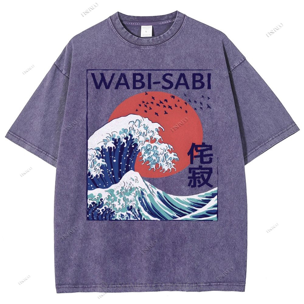 Unisex Ocean Wave Japanese Kanji Printed Washed Tee