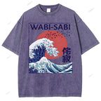 Unisex Ocean Wave Japanese Kanji Printed Washed Tee