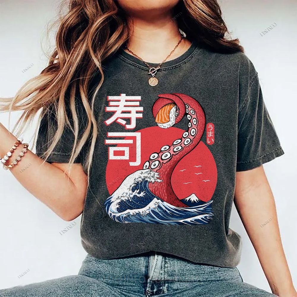 Unisex Octopus Sushi Kawaii Printed Washed Tee