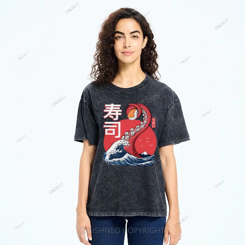 Unisex Octopus Sushi Kawaii Printed Washed Tee