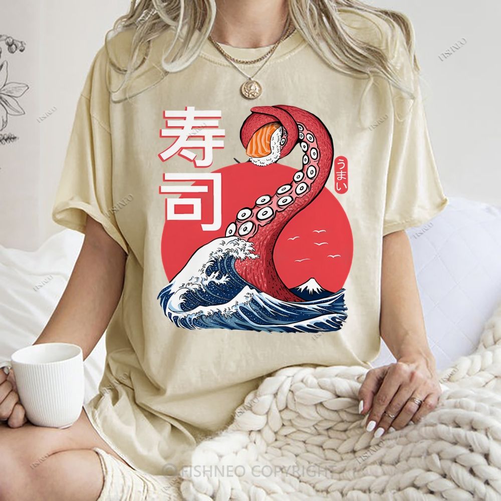 Unisex Octopus Sushi Kawaii Printed Washed Tee