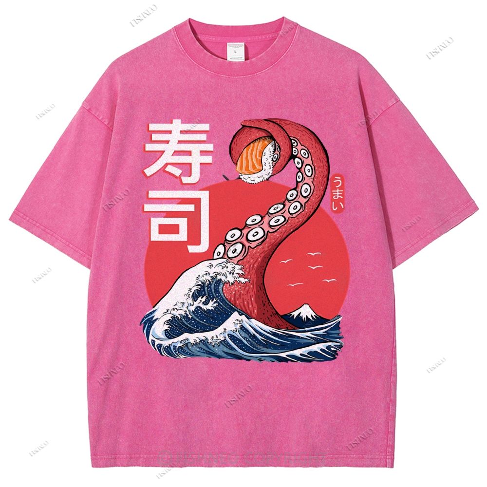 Unisex Octopus Sushi Kawaii Printed Washed Tee
