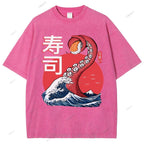Unisex Octopus Sushi Kawaii Printed Washed Tee