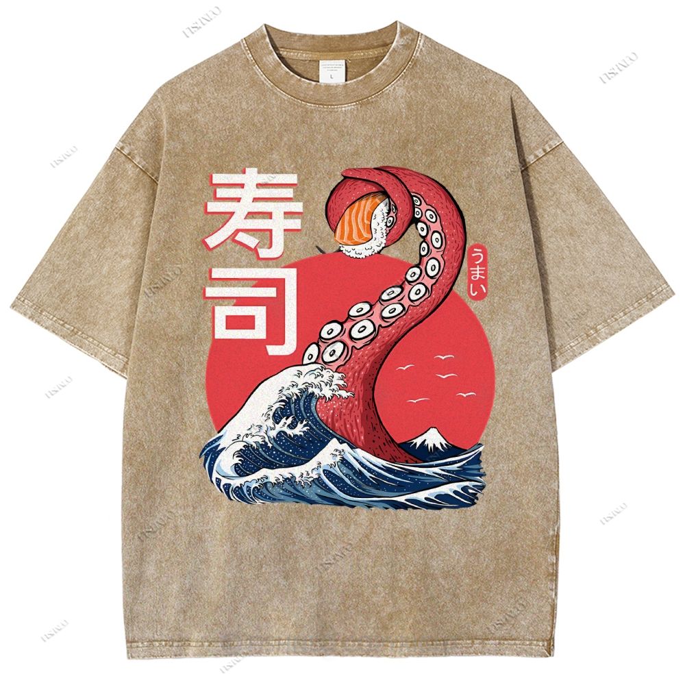 Unisex Octopus Sushi Kawaii Printed Washed Tee