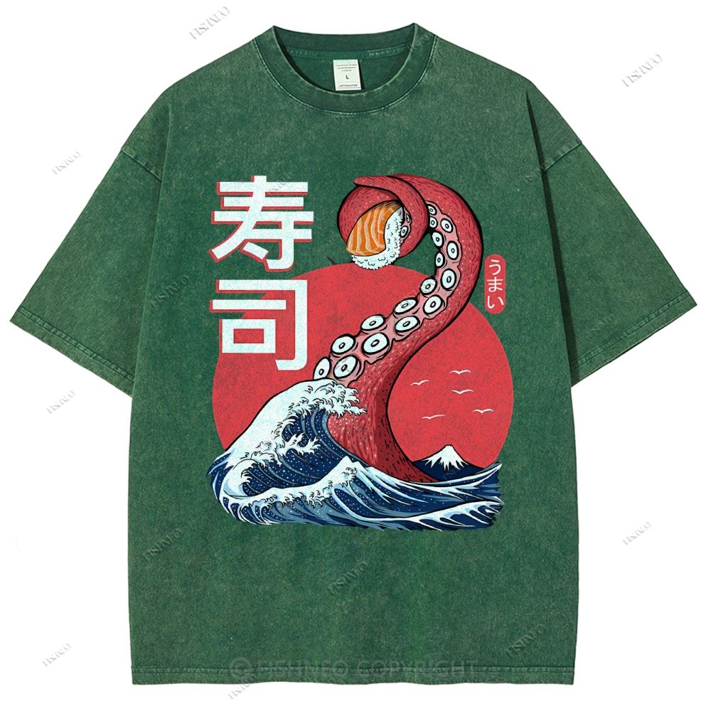 Unisex Octopus Sushi Kawaii Printed Washed Tee