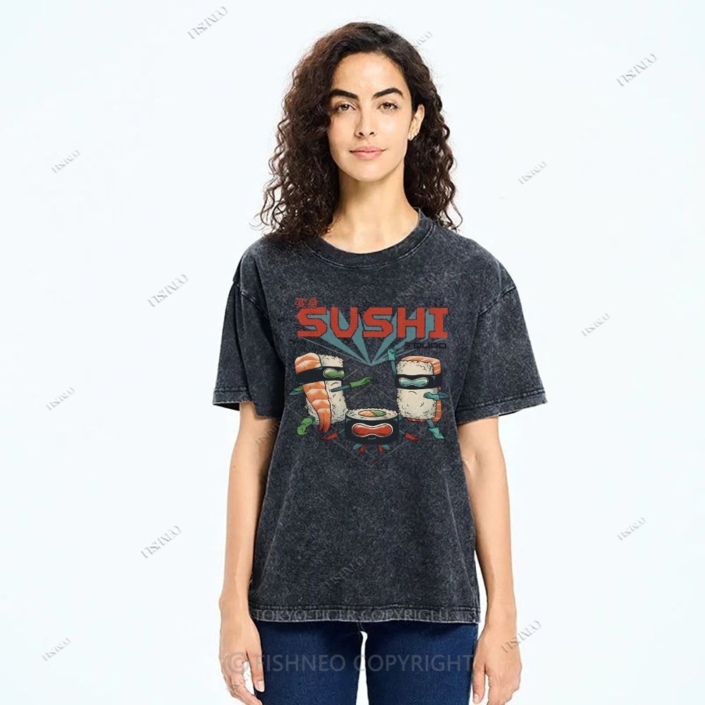 Unisex Sushi Printed Washed Tee