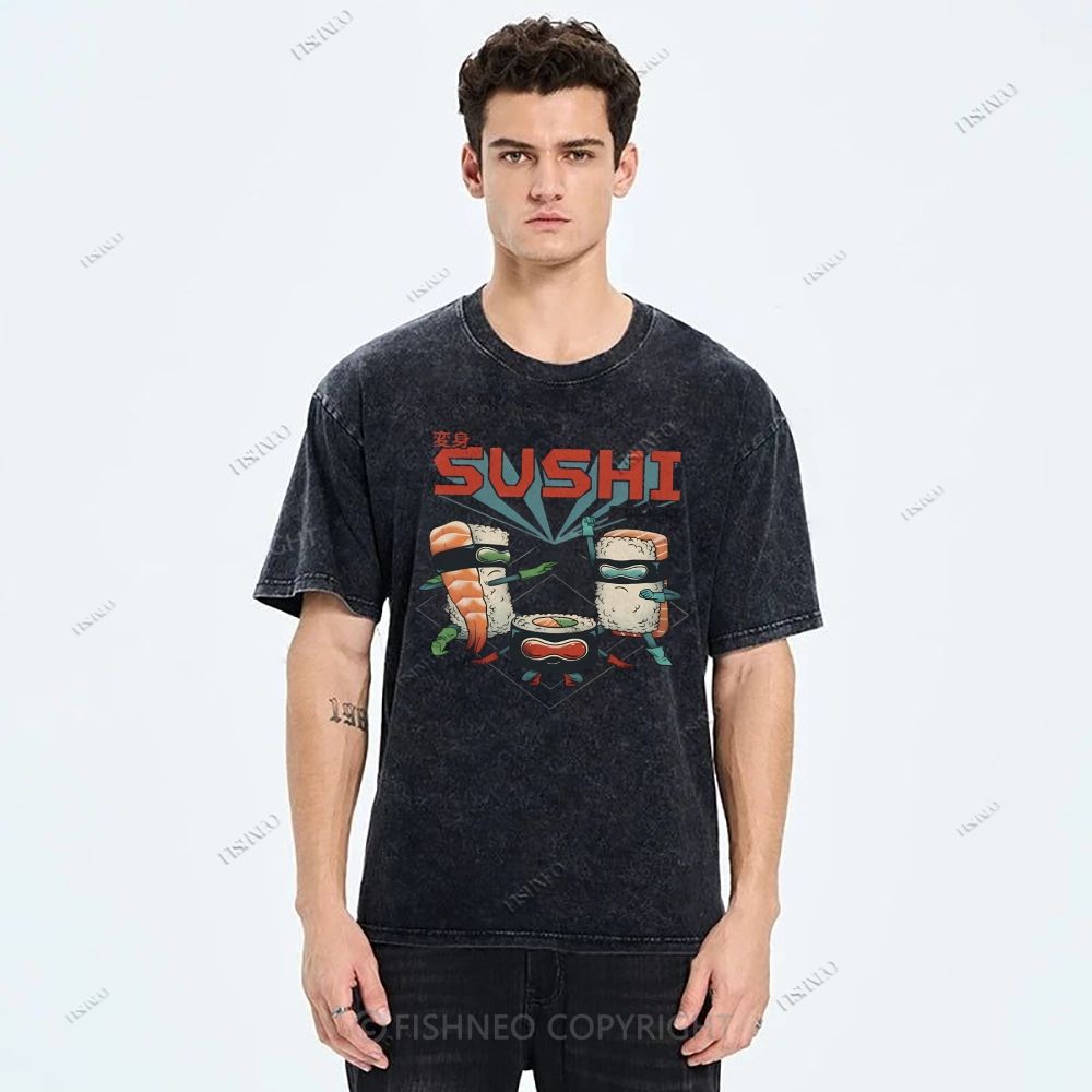 Unisex Sushi Printed Washed Tee