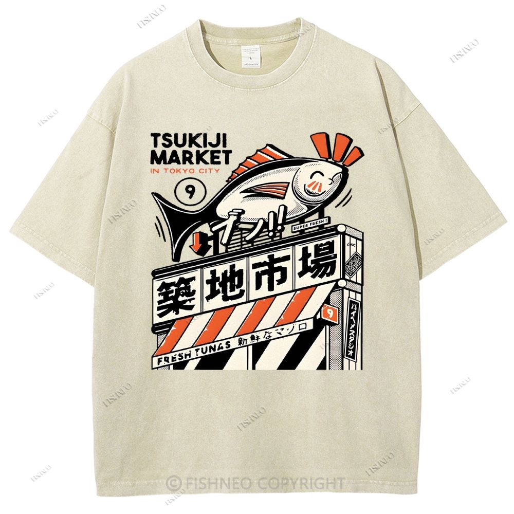 Unisex Tsukiji Market Printed Washed Tee