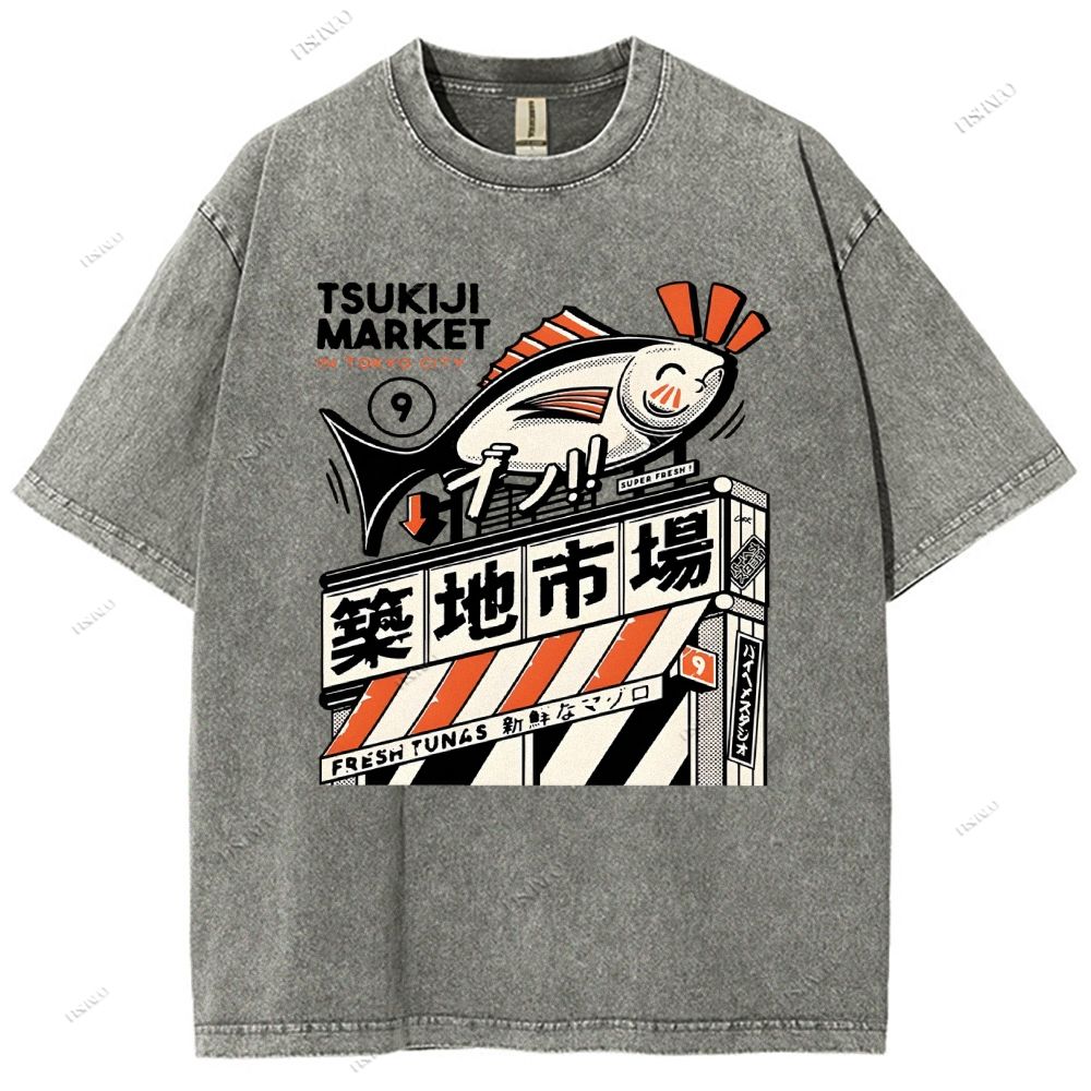 Unisex Tsukiji Market Printed Washed Tee
