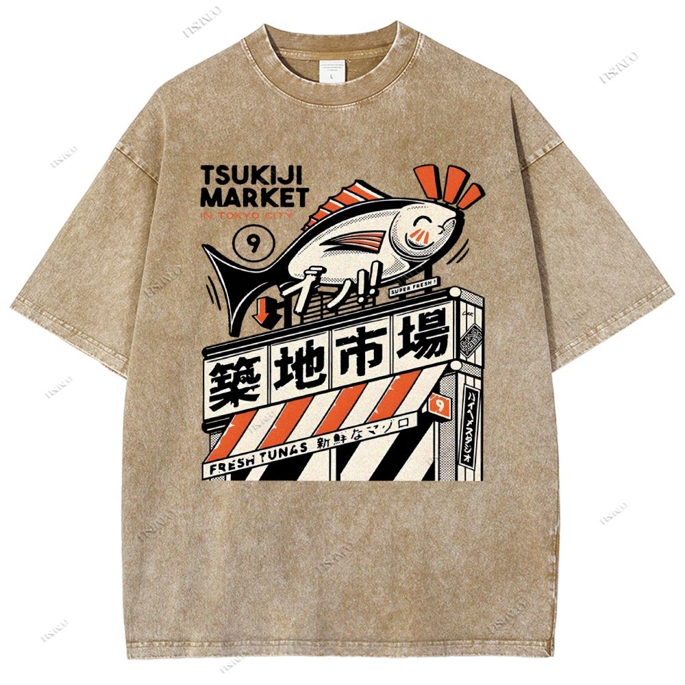 Unisex Tsukiji Market Printed Washed Tee